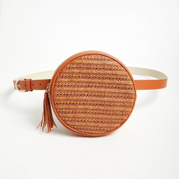 Torrid Cognac Faux Leather & Straw Round Belt Bag EUC (size 1) - Picture 7 of 7